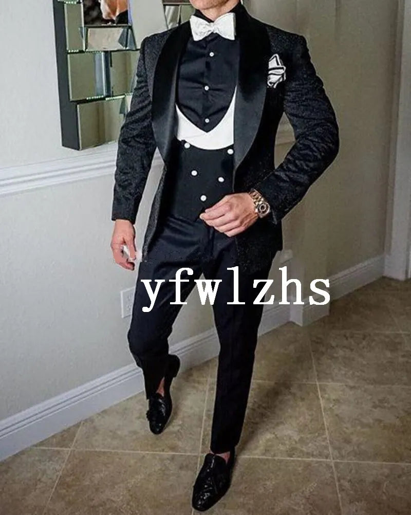 Customize Shawl Lapel Handsome White Groom Tuxedos Groomsmen Man Suit Mens Wedding Suits Bridegroom Jacket Pants Vest Tie 0001